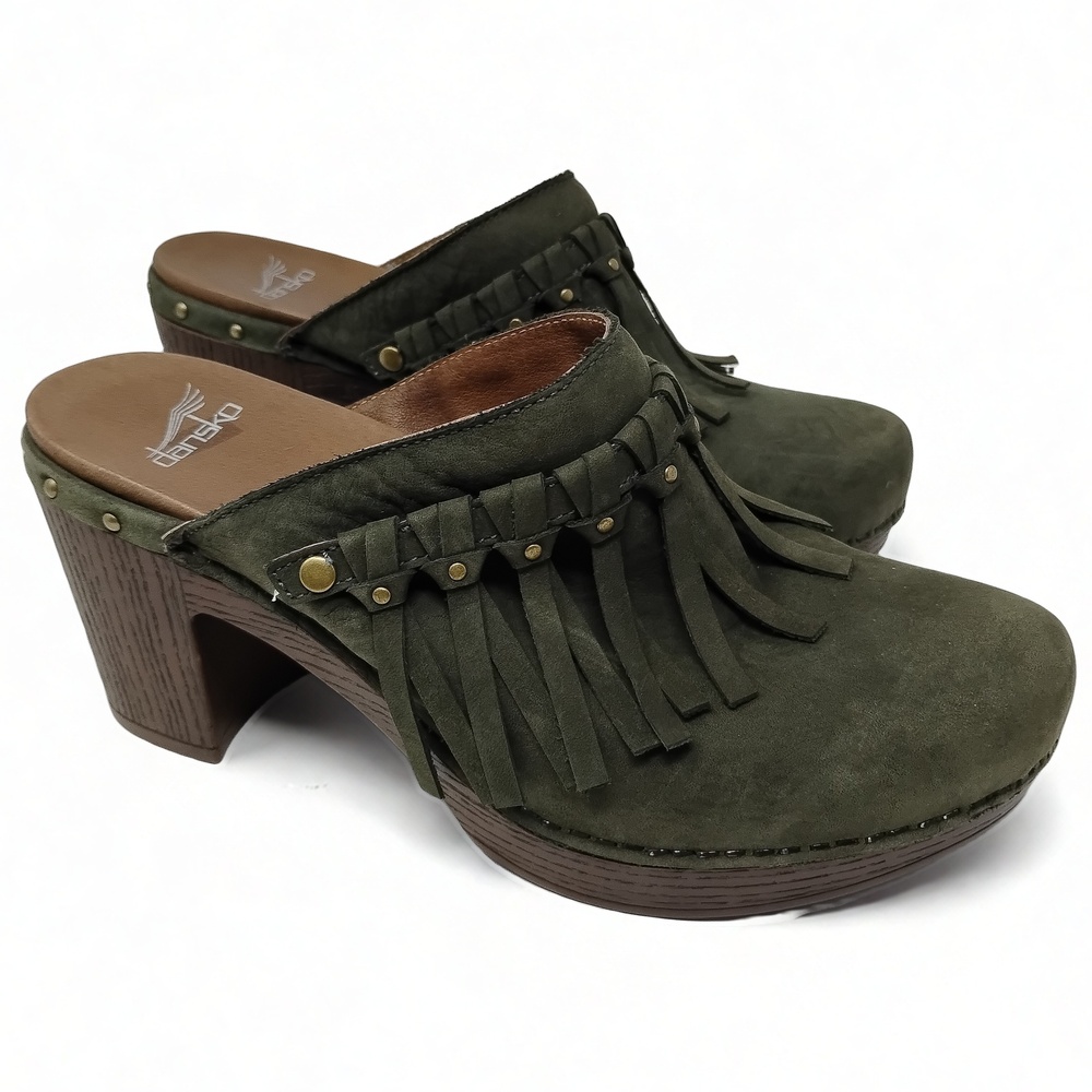 Boho Western Dansko Suede Clogs Size 9 US Wooden Heel Fringe Slip On Mule Shoes